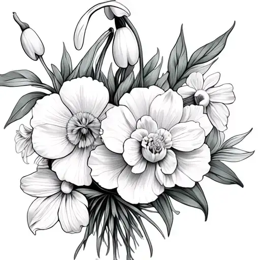 Snowdrop, carnation, and Daffodil bouquet wrapped tattoo design idea