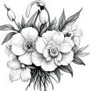 Snowdrop, carnation, and Daffodil bouquet wrapped tattoo design idea