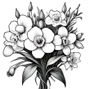 Snowdrop, carnation, and Daffodil bouquet wrapped tattoo design idea