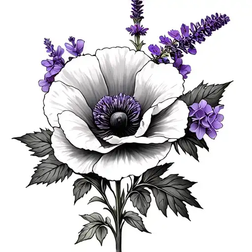red larkspur, black and white hydrangea, purple lavender sprig, black and white poppy tattoo design idea