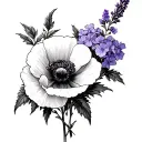 red larkspur, black and white hydrangea, purple lavender sprig, black and white poppy tattoo design idea