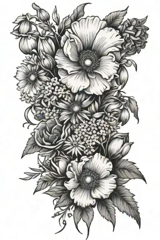 poppy, honeysuckle, aster, larkspur bouquet tattoo design idea