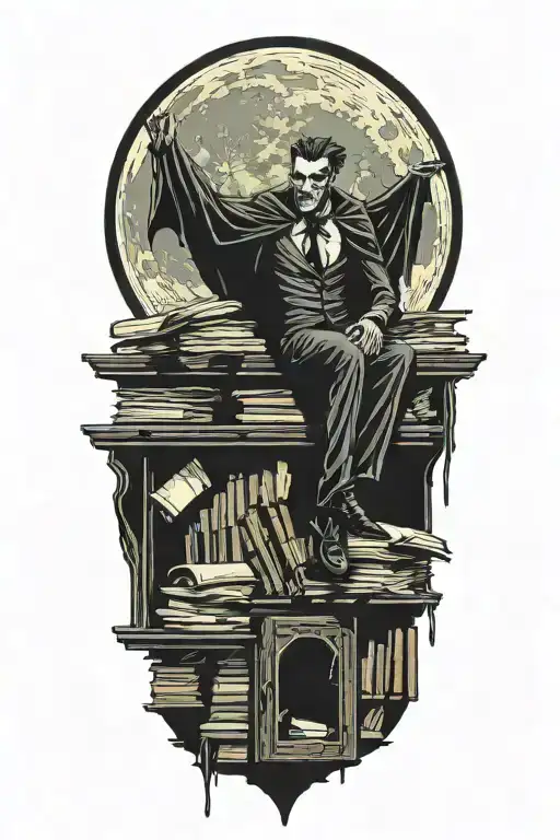 A vampire sitting atop of books. Full moon outside window. Bats flying and hanging. tattoo design idea