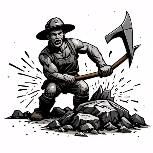 Skinny Miner hits a stone with a pickaxe, sparks fly off the stone tattoo design idea