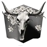 realistic longhorn skull with cherry blossoms tattoo design idea