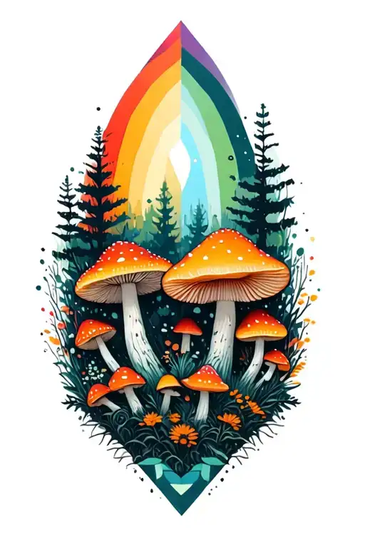 geometric forest and amanita mushrooms geometric mandala rainbow background black lines tattoo design idea