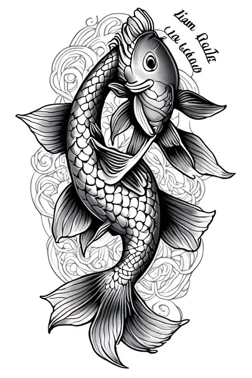 koi fish Celtic knotwork design incorporating name Liam, Lyla, Declan tattoo design idea