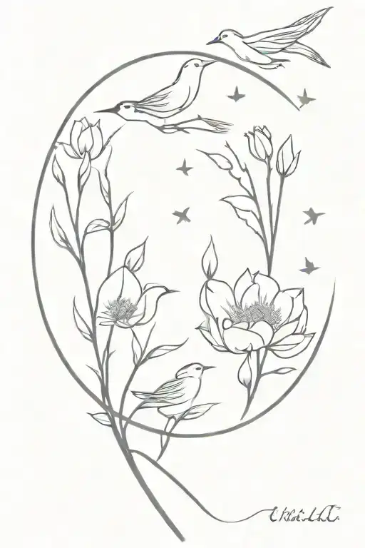 moon flowers wrapped with 3 birds coming tattoo design idea