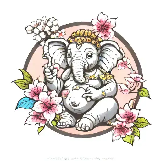 cherry blossoms and elephant buddha sign tattoo design idea