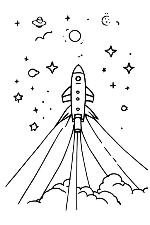 Spaceship launching rocket into sky which have planet and stars. Three stars are bigger and represents family members tattoo design idea