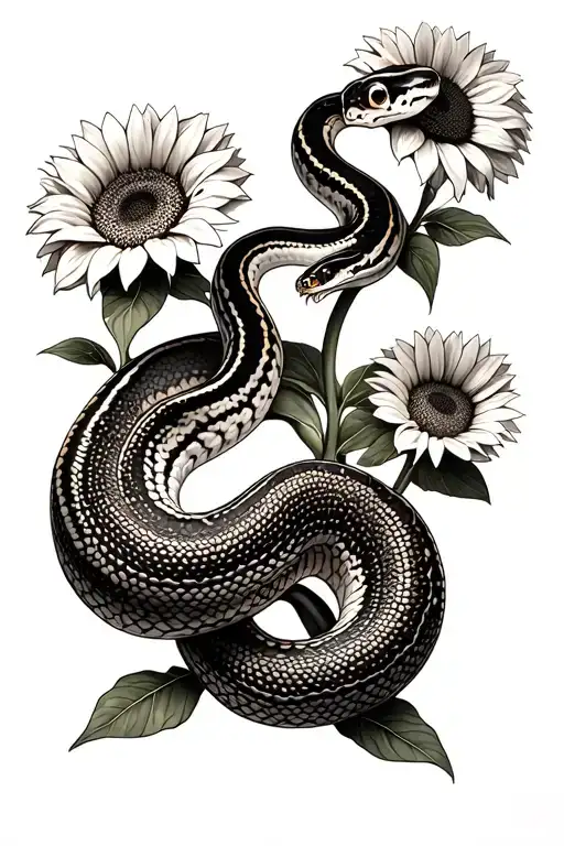 ball python coiling surrounded by sunflowers tattoo design idea