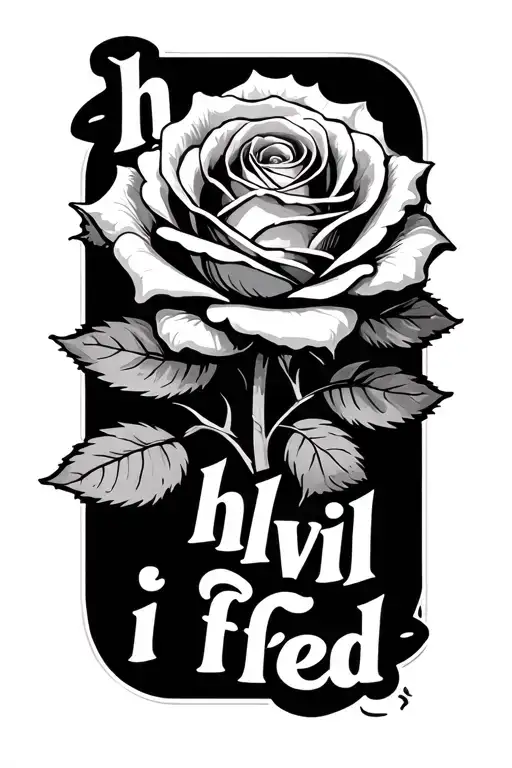 a medium big rose with text under saying "hvil i fred" tattoo design idea
