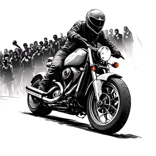 A motorcycle merging into a crowd symbolizing solitude in the midst of chaos tattoo design idea
