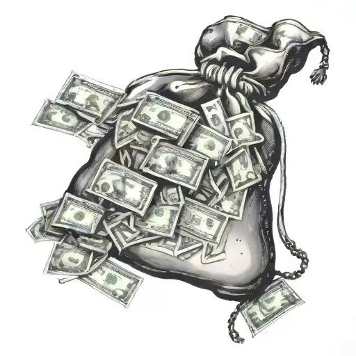 A detailed money bag overflowing with cash tattoo design idea