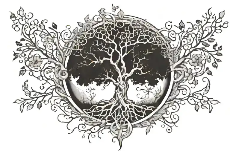 A majestic tree with intricate roots intertwined with medical symbols, symbolizing the nurturing aspect of nursing and the connection to nature tattoo design idea