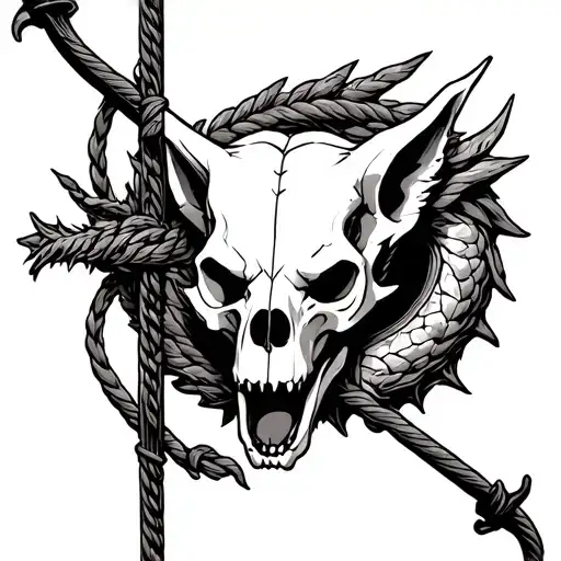 cross bow, granade, rope trap, wolf skull, dragon skull, laurel tattoo design idea
