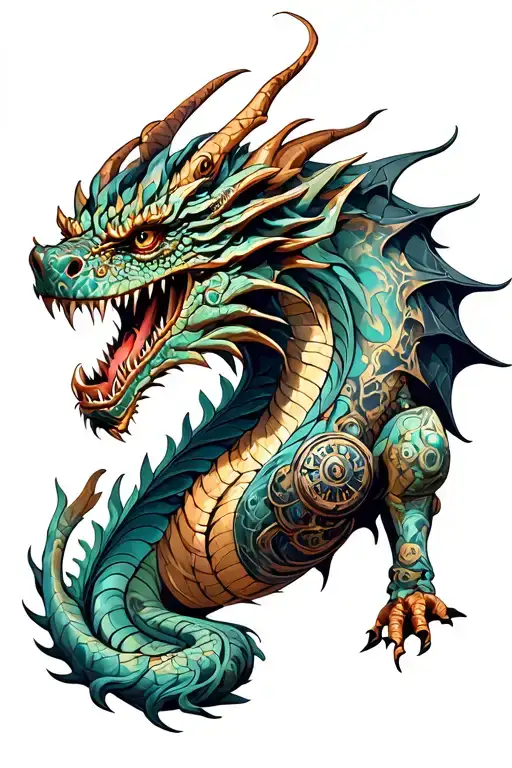 A realistic dragon with steampunk elements tattoo design idea