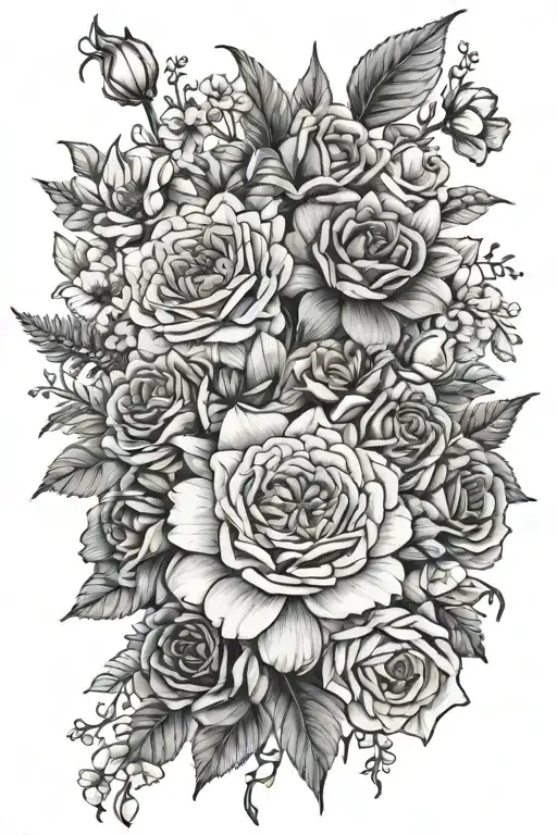 dainty and feminine bouquet of roses, larkspurs, chrysanthemums, narcissus, and poppies tattoo design idea
