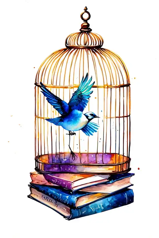 open birdcage w bird flying away on some books tattoo design idea