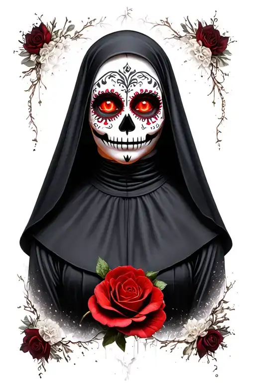Hyper-realistic gothic nun in a black silk habitDía de los Muertos sugar skull face paint with glowing red eyesIntri tattoo design idea