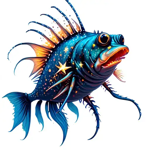 angler fish with sparkles and stars all over its body, glowing , magical , star shaped light  tattoo design idea