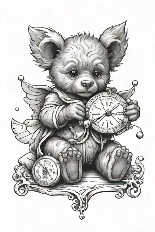 I want you to create a tattoo for my forearm front side. On it there is a treasure, a baby angel, a teddy bear tattoo design idea