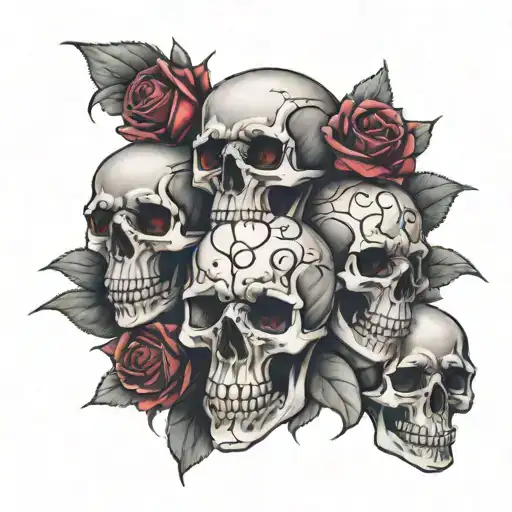 6 skulls all evil looking 1 bigger one and 5 around same size. 5 roses purple and and red and black 1 Gothic Roman numer tattoo design idea