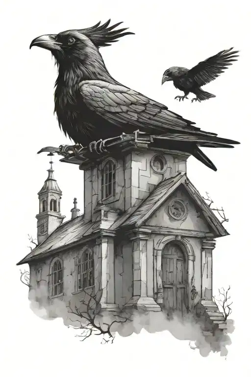 old church with crow perched tattoo design idea