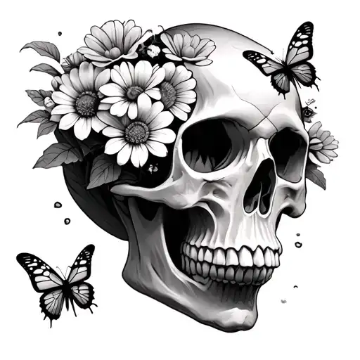 flowers and mushrooms coming out of a skull with butterflies or bees tattoo design idea