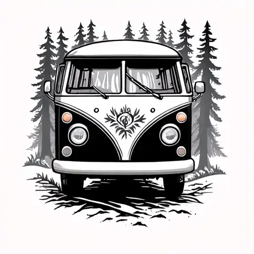 Hippie bus in woods tattoo design idea