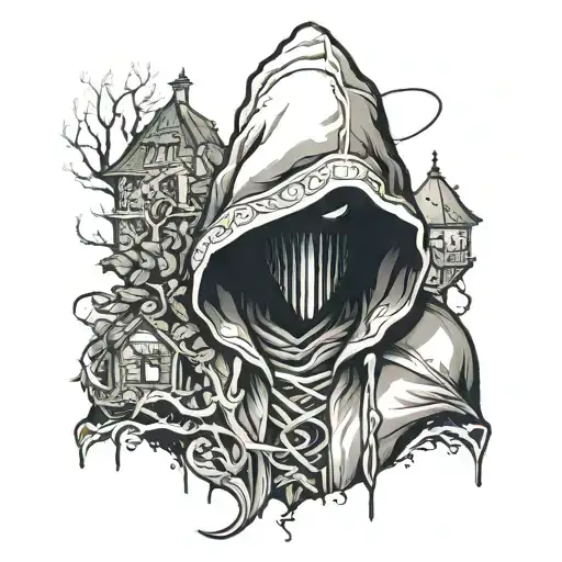  hooded figure in the housing estate tattoo design idea