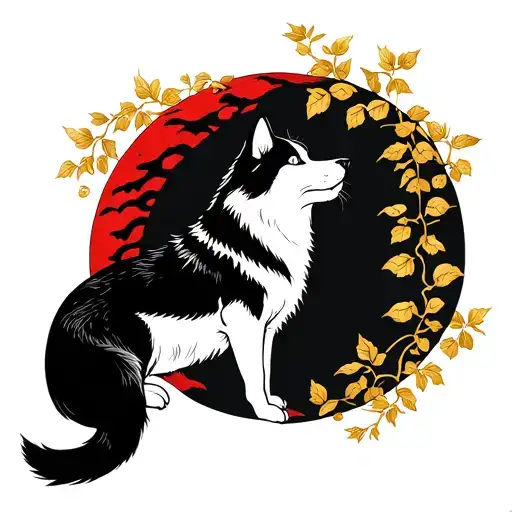 The red vine turns into a husky, the golden vine turns into a white cat. Against the husky's background is a black sun,  tattoo design idea