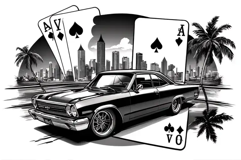 playing cards and cars with Miami skyline  tattoo design idea