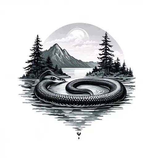 Mountain, forest, sea and coiled snake tattoo design idea