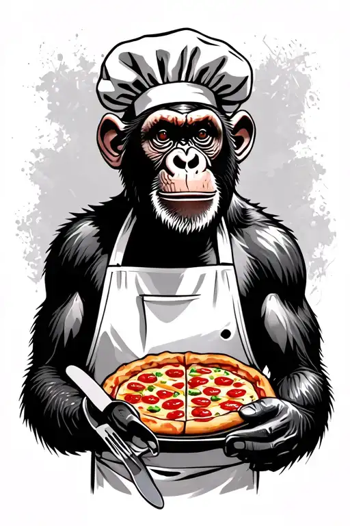 Chimp wearing a chefs hat and a pizza printed apron and has utensils in its hands. tattoo design idea