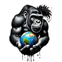 Gorilla with the world in his hand and  a one shed tear  tattoo design idea
