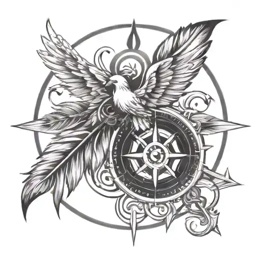 tribal cancer ribbon with feathers and doves compass tattoo design idea