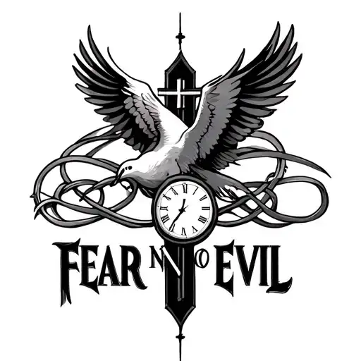 "Fear No Evil" cross intertwined with a dove and clock tattoo design idea