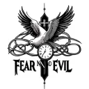 "Fear No Evil" cross intertwined with a dove and clock tattoo design idea
