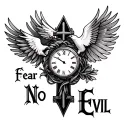 "Fear No Evil" cross intertwined with a dove and clock tattoo design idea