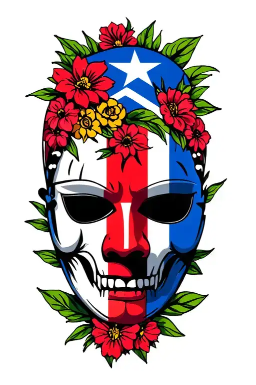 Puerto Rico vejigante mask with flag and flowers of puerto rico tattoo design idea