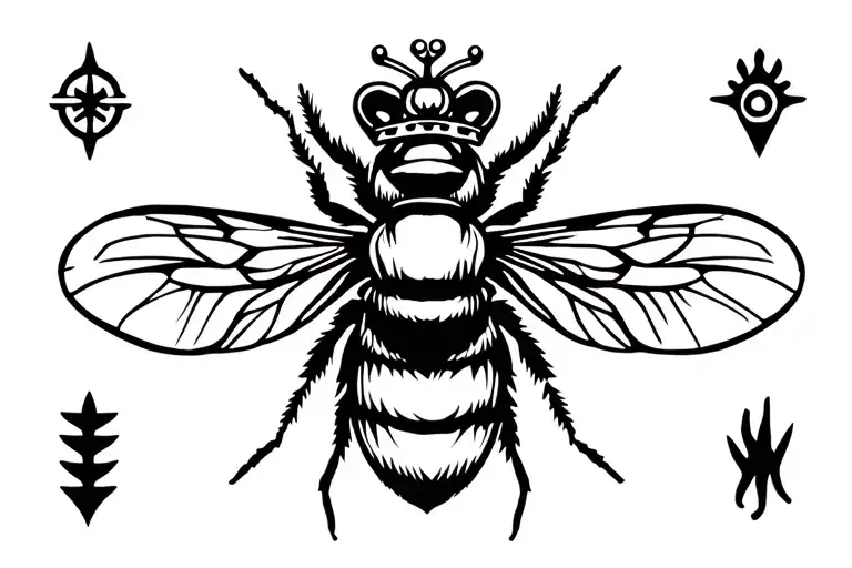 Bee with Crown with polynesian style symbols around it tattoo design idea