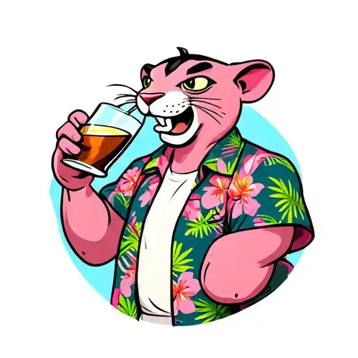 pink panther wearing a Hawaiian shirt drinking rum tattoo design idea