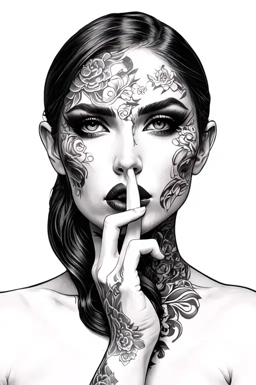 Realistic woman, eyes hidden, finger to lips in 'shh' pose, mysterious and tattoo design idea