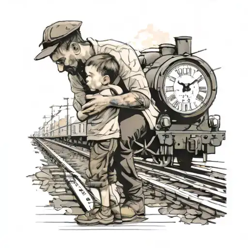 father hugging 3 yr old son on railraod tracks with a clock in back ground tattoo design idea