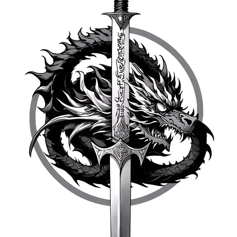 sword (hilt is a dragon flying up to neck) split blade in half in the middle is an oni mask (anime/cybersigilism) tattoo design idea