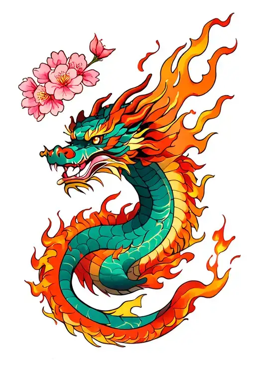 Japanese dragon with sakura and fire flames tattoo design idea