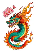 Japanese dragon with sakura and fire flames tattoo design idea