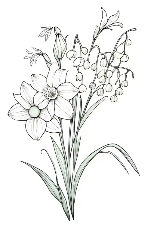 daffodil, Lily of the valley, larkspur, and paperwhite narcissus flower bouquet  tattoo design idea