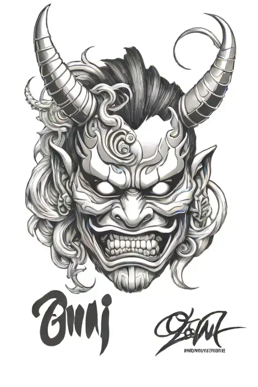 oni mask on left part and momo from twice on the right part of the face tattoo design idea